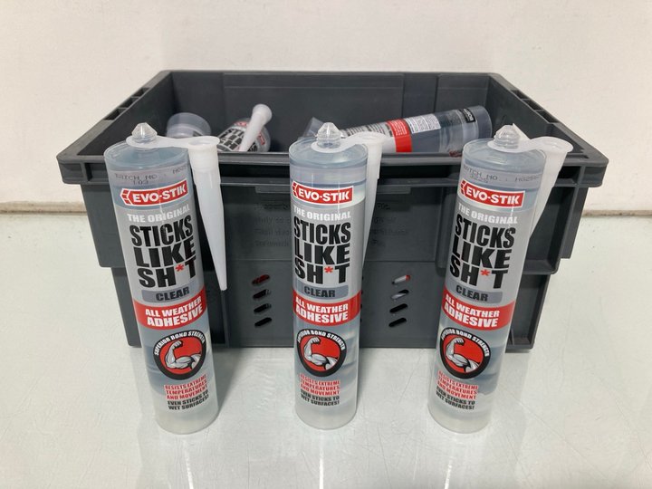 Lot 328  
            Marchington SR13 - Parcel Delivery Only 

                
QTY OF EVO-STIK THE ORIGINAL STICKS LIKE S**T CLEAR ALL WEATHER ADHESIVE 290ML (1...