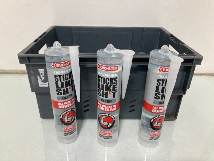 Lot 329  
            Marchington SR13 - Parcel Delivery Only 

                
QTY OF EVO-STIK THE ORIGINAL STICKS LIKE S**T CLEAR ALL WEATHER ADHESIVE 290ML (1...