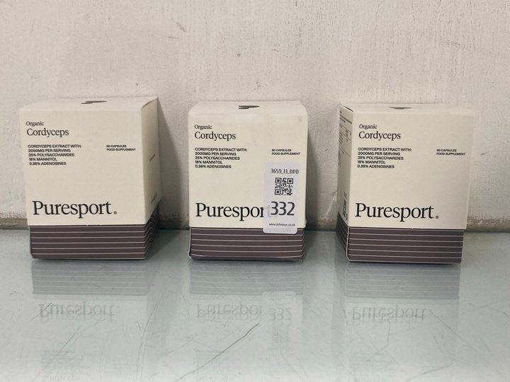 Lot 332  
            Marchington SR13 - Parcel Delivery Only 

                
3 X ORGANIC CORDYCEPS PURESPORT FOOD SUPPLEMENT 60 CAPSULES: LOCATION - H10