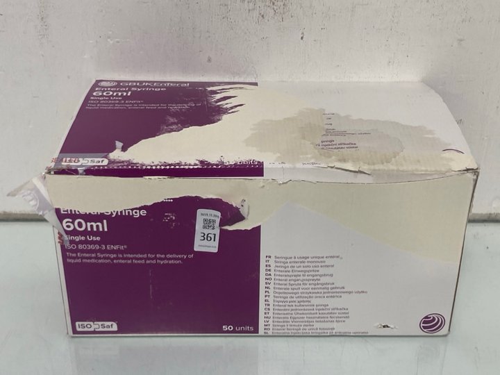 Lot 361  
            Marchington SR13 - Parcel Delivery Only 

                
QTY OF ENTERAL SYRINGES - 60ML: LOCATION - H9