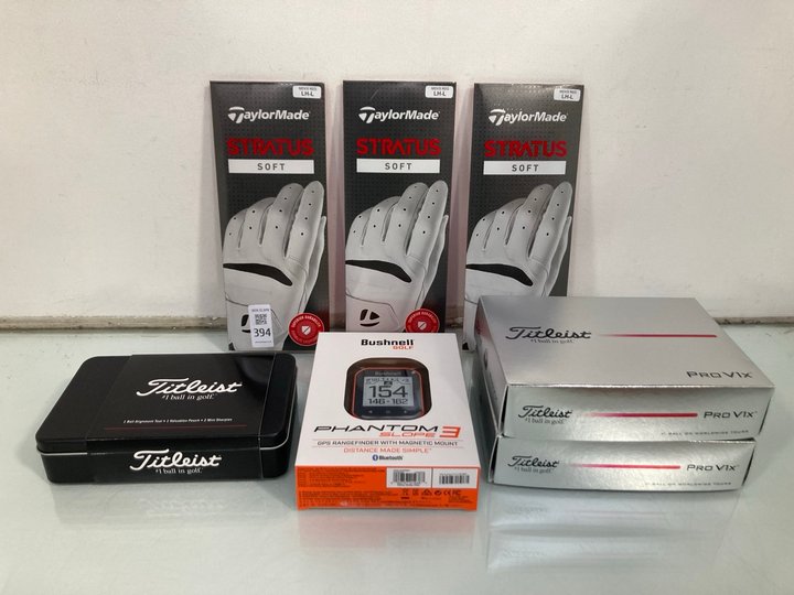 Lot 394  
            Marchington SR13 - Parcel Delivery Only 

                
QTY OF ASSORTED GOLFING ITEMS TO INCLUDE TAYLORMADE STRATUS SOFT GLOVES IN WHITE ...