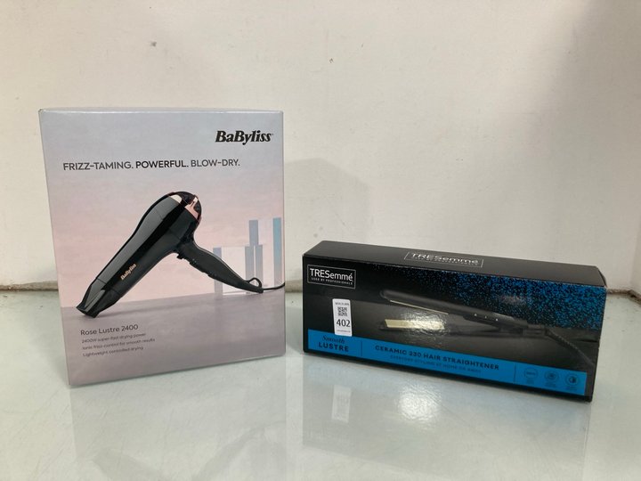 Lot 402  
            Marchington SR13 - Parcel Delivery Only 

                
BABYLISS ROSE LUSTRE 2400 HAIR DRYER TO INCLUDE TRESEMME CERAMIC 230 HAIR STRAIGH...