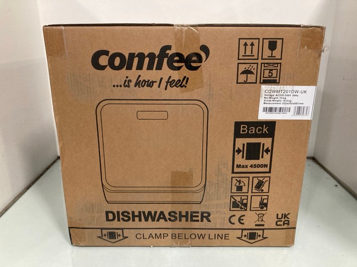 Lot 414  
            Marchington SR13 - Parcel Delivery Only 

                
COMFEE COMPACT TABLETOP DISHWASHER - MODEL: CDWWMT201DW-UK (SEALED) - ORIGINAL RR...
