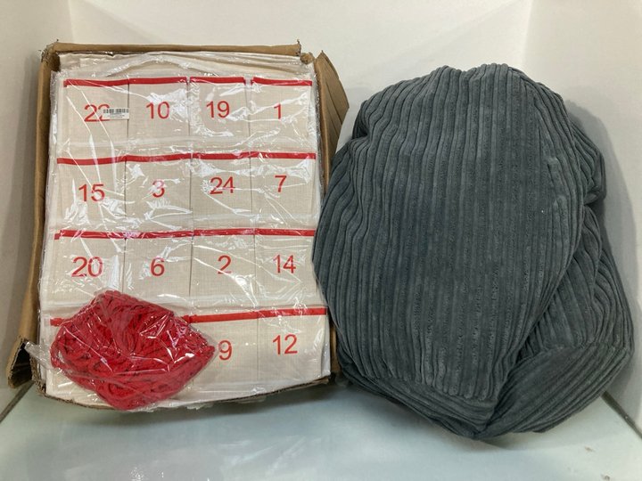 Lot 428  
            Marchington SR13 - Parcel Delivery Only 

                
QTY OF FABRIC CHRISTMAS ADVENT CALENDARS TO INCLUDE JUMBO CORDED BEAN BAG IN GREY...