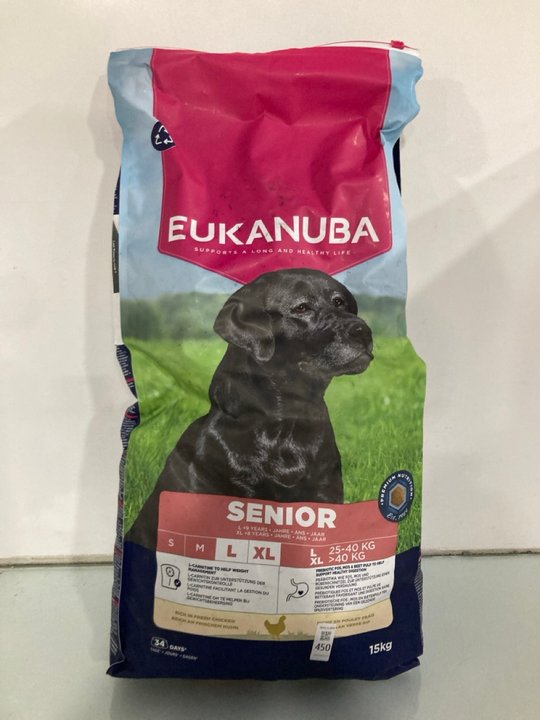 Lot 450  
            Marchington SR13 - Parcel Delivery Only 

                
EUKANUBA SENIOR DRY DOG FOOD IN CHICKEN 15KG - BB: 01/27: LOCATION - H4