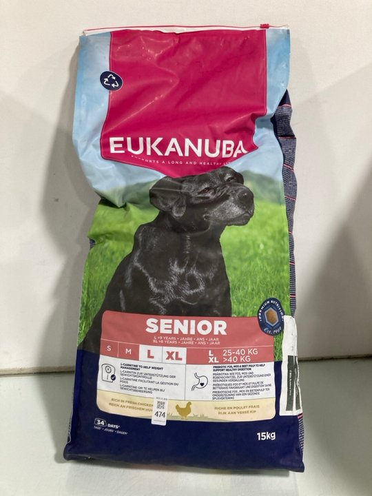 Lot 474  
            Marchington SR13 - Parcel Delivery Only 

                
EUKANUBA SENIOR DRY DOG FOOD IN CHICKEN FLAVOUR 15KG - BB: 01/27: LOCATION - H3
