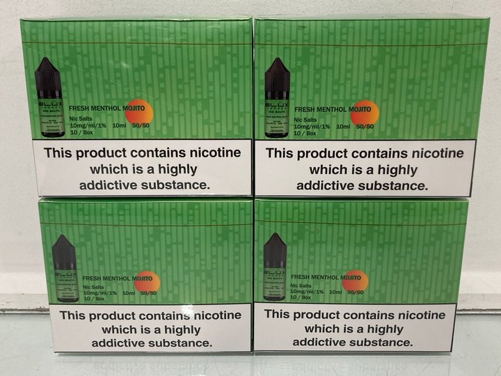 Lot 495  
            Marchington SR13 - Parcel Delivery Only 

                
4 X BOXES OF ELUX LEGENDS NIC SALTS IN FRESH MENTHOL MOJITO 10MG (18+ ID REQUIRED...