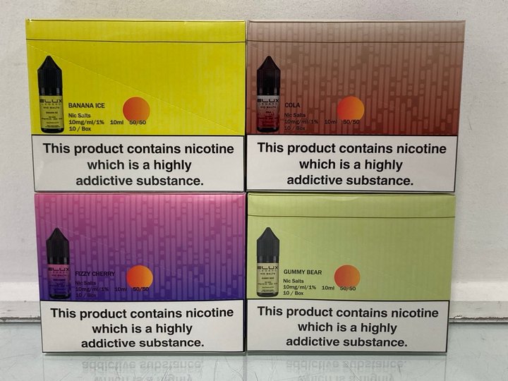 Lot 496  
            Marchington SR13 - Parcel Delivery Only 

                
4 X ASSORTED BOXES OF ELUX LEGENDS NIC SALTS TO INCLUDE FIZZY CHERRY 10MG (18+ ID...