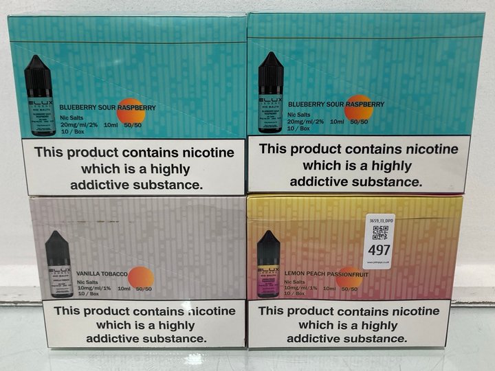 Lot 497  
            Marchington SR13 - Parcel Delivery Only 

                
4 X ASSORTED BOXES OF ELUX LEGENDS NIC SALTS TO INCLUDE LEMON PEACH PASSIONFRUIT ...