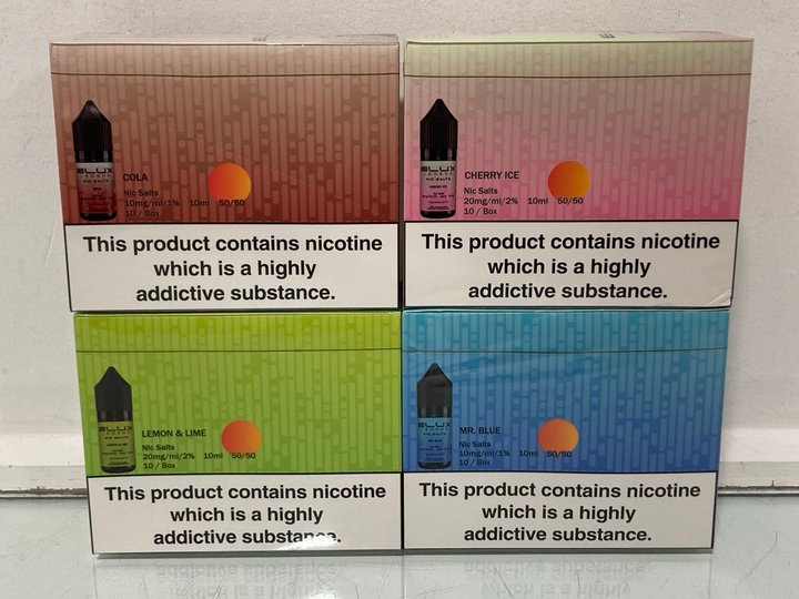 Lot 499  
            Marchington SR13 - Parcel Delivery Only 

                
4 X ASSORTED BOXES OF ELUX LEGENDS NIC SALTS TO INCLUDE MR.BLUE 10MG (18+ ID REQU...