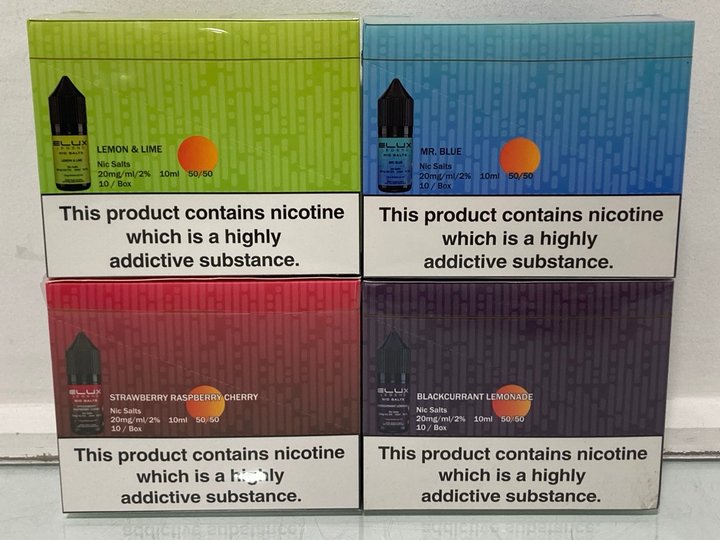 Lot 500  
            Marchington SR13 - Parcel Delivery Only 

                
4 X ASSORTED BOXES OF ELUX LEGENDS NIC SALTS TO INCLUDE BLACKCURRANT LEMONADE 20M...