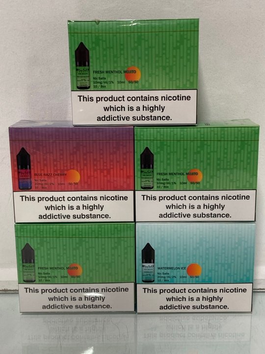 Lot 503  
            Marchington SR13 - Parcel Delivery Only 

                
5 X ASSORTED BOXES OF ELUX LEGENDS NOC SALTS TO INCLUDE FRESH MENTHOL MOJITO 10MG...