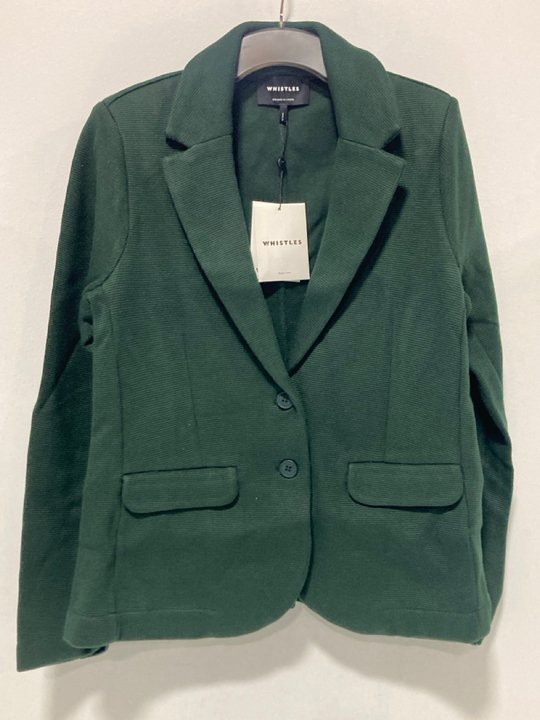 Lot 506  
            Marchington SR13 - Parcel Delivery Only 

                
WHISTLES SLIM JERSEY JACKET IN DEEP FOREST GREEN - UK SIZE: 12 - ORIGINAL RRP: £9...