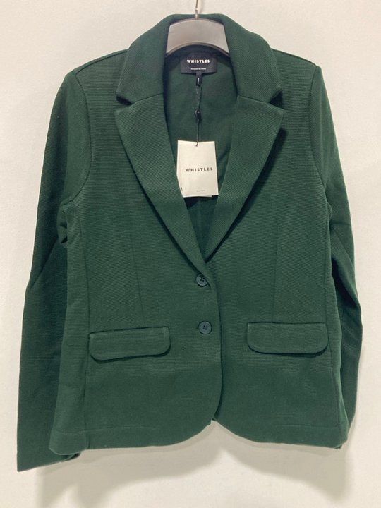 Lot 508  
            Marchington SR13 - Parcel Delivery Only 

                
WHISTLES SLIM JERSEY JACKET IN DEEP FOREST GREEN - UK SIZE: 10 - ORIGINAL RRP: £9...