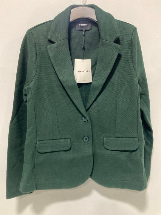 Lot 509  
            Marchington SR13 - Parcel Delivery Only 

                
WHISTLES SLIM JERSEY JACKET IN DEEP FOREST GREEN - UK SIZE: 14 - ORIGINAL RRP: £9...