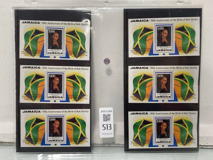 Lot 513  
            Marchington SR13 - Parcel Delivery Only 

                
6 X JAMAICA BOB MARLEY COMMEMORATIVE $100 MINT STAMPS: LOCATION - H1