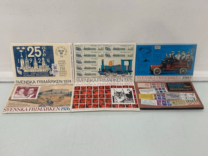 Lot 516  
            Marchington SR13 - Parcel Delivery Only 

                
SIX SWEDISH MINT STAMP YEAR COLLECTIONS, 1973, 74, 75, 76, 80 AND 81: LOCATION - H1