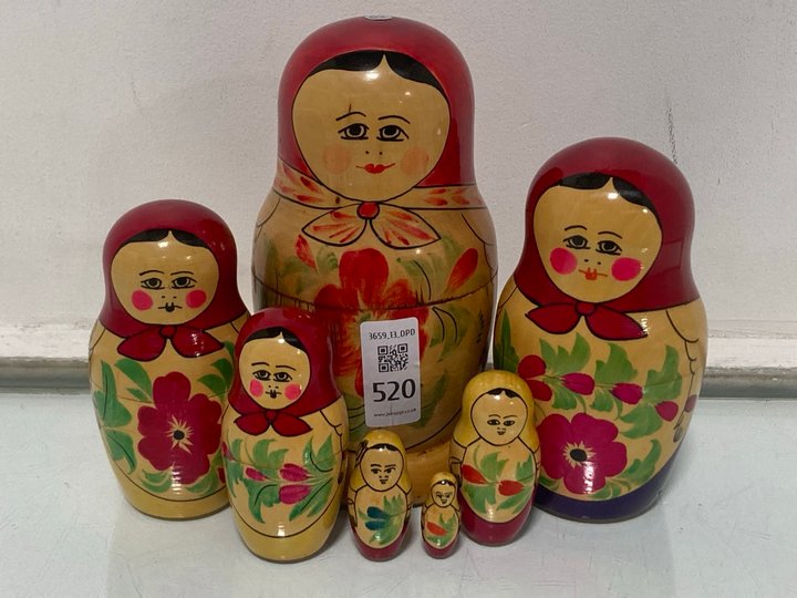 Lot 520  
            Marchington SR13 - Parcel Delivery Only 

                
A LARGE WOODEN RUSSIAN MATRIOSHKA SEVEN PIECE DOLL SET: LOCATION - H1