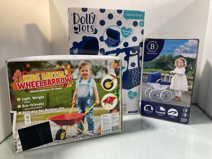 Lot 53  
            Marchington SR13 - Parcel Delivery Only 

                
3 X ASSORTED CHILDRENS TOYS TO INCLUDE KIDS METAL WHEELBARROW: LOCATION - WH1