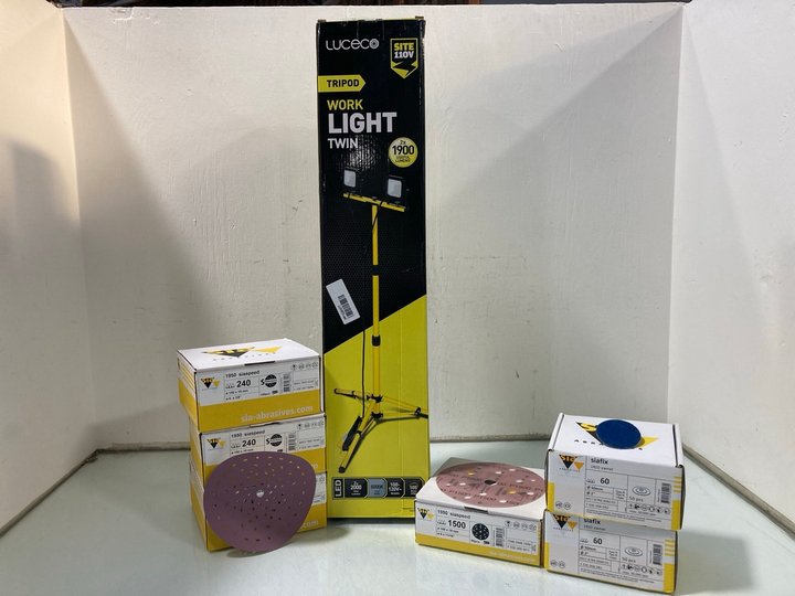 Lot 54  
            Marchington SR13 - Parcel Delivery Only 

                
BOX OF SIA ABRASIVES SANDING PAPER TO INCLUDE LUCECO TRIPOD TWIN WORKLIGHT: LOCAT...