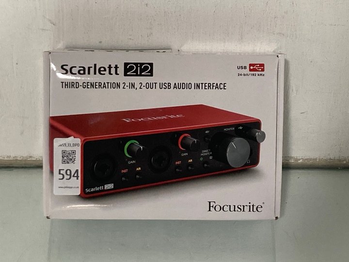 Lot 594  
            Marchington SR13 - Parcel Delivery Only 

                
SCARLETT 2I2 THIRD GENERATION 2-IN, 2-OUT USB AUDIO INTERFACE: LOCATION - G2