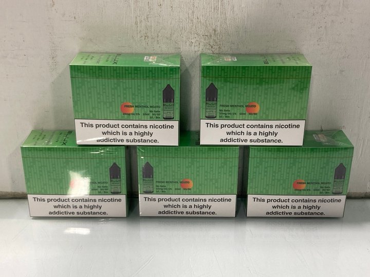 Lot 599  
            Marchington SR13 - Parcel Delivery Only 

                
5 X BOXES OF ELUX LEGENDS NIC SALTS FRESH MENTHOL MOJITO 10MG (18+ ID REQUIRED): ...