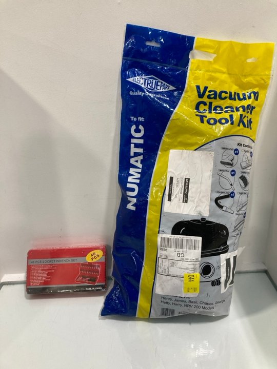 Lot 697  
            Marchington SR13 - Parcel Delivery Only 

                
46 PIECE SOCKET WRENCH SET TO ALSO INCLUDE PACK OF ELECTRUEPART VACUUM CLEANER TO...