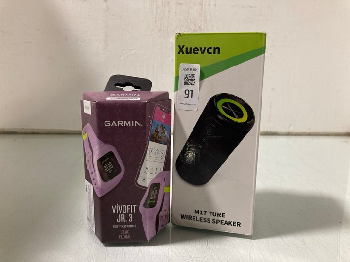 Lot 91  
            Marchington SR13 - Parcel Delivery Only 

                
GARMIN VIVOFIT JR 3 FITNESS TRACKER IN LILAC TO INCLUDE XUEVCN M17 TURE WIRELESS ...