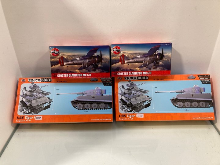 Lot 945  
            Marchington SR13 - Parcel Delivery Only 

                
2 X AIRFIX QUICK BUILD 1:35 TIGER I MODELS TO ALSO INCLUDE 2 X AIRFIX 1:72 GLOSTE...