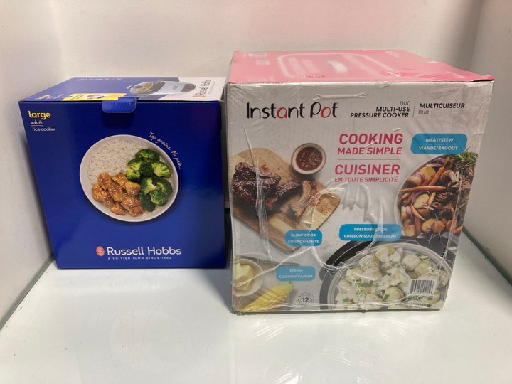 Lot 968  
            Marchington SR13 - Parcel Delivery Only 

                
RUSSELL HOBBS LARGE RICE COOKER TO ALSO INCLUDE INSTANT POT DUO MULTI USE PRESSUR...