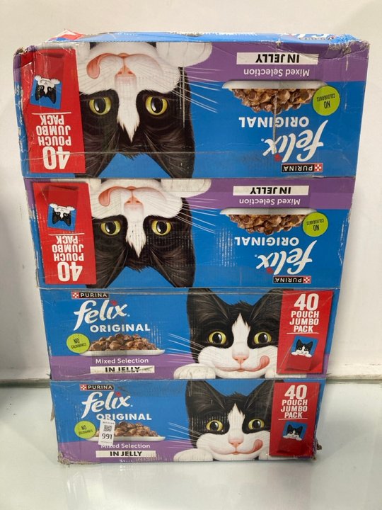 Lot 991  
            Marchington SR13 - Parcel Delivery Only 

                
4 X 40 JUMBO POUCH PACKS OF FELIX MIXED SELECTION IN JELLY CAT FOOD-BBE 09/27: LO...