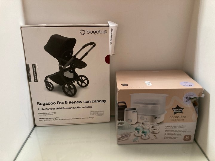Lot 1014  
            Marchington SR10 - Parcel Delivery Only 

                
TOMMEE TIPPEE COMPLETE FEEDING SET TO INCLUDE BUGABOO FOX 5 RENEW SUN CANOPY: LOC...