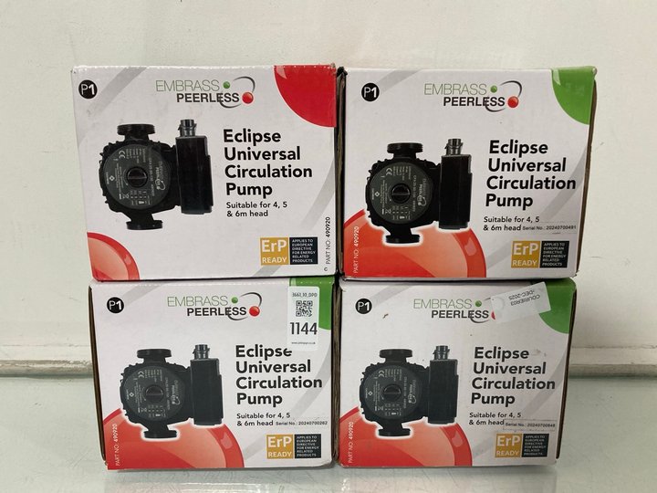 Lot 1144  
            Marchington SR10 - Parcel Delivery Only 

                
4 X EMBRASS PEERLESS ECLIPSE UNIVERSAL CIRCULATION PUMPS: LOCATION - DR15