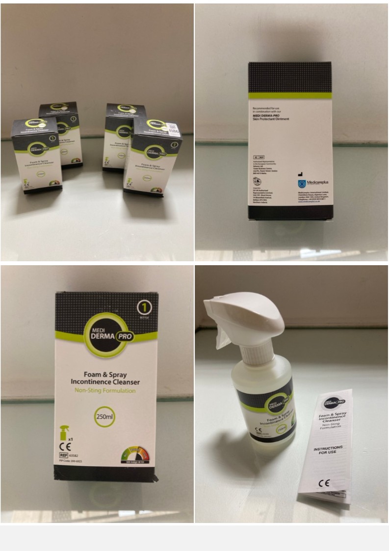 Lot 1186  
            Marchington SR10 - Parcel Delivery Only 

                
4 X BOTTLES OF MEDI DERMA PRO FOAM & SPRAY INCONTINENCE CLEANER - EXP. DATE 17/06...