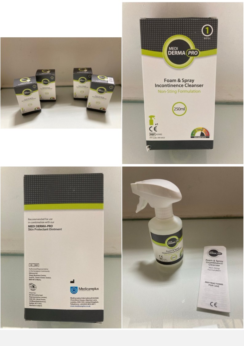 Lot 1187  
            Marchington SR10 - Parcel Delivery Only 

                
4 X BOTTLES OF MEDI DERMA PRO FOAM & SPRAY INCONTINENCE CLEANER - EXP. DATE 17/06...