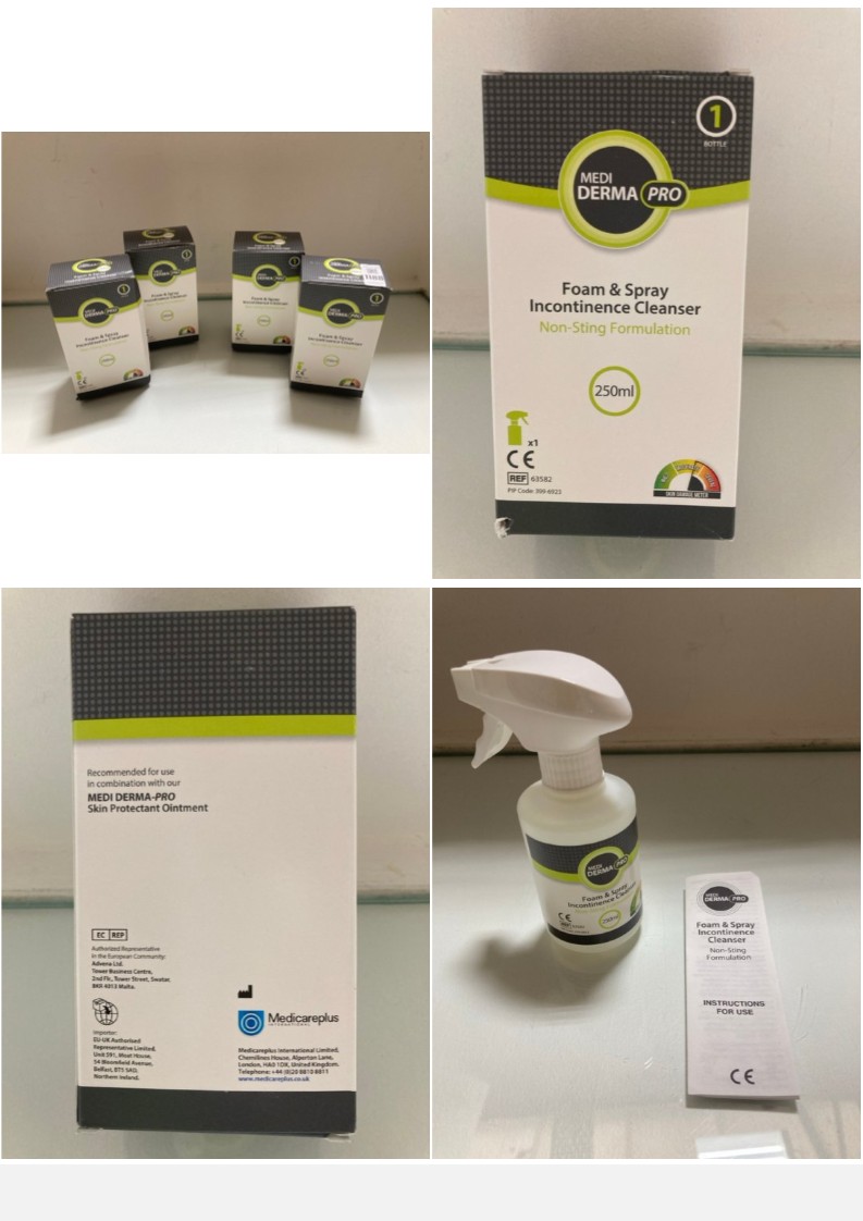 Lot 1188  
            Marchington SR10 - Parcel Delivery Only 

                
4 X BOTTLES OF MEDI DERMA PRO FOAM & SPRAY INCONTINENCE CLEANER - EXP. DATE 17/06...