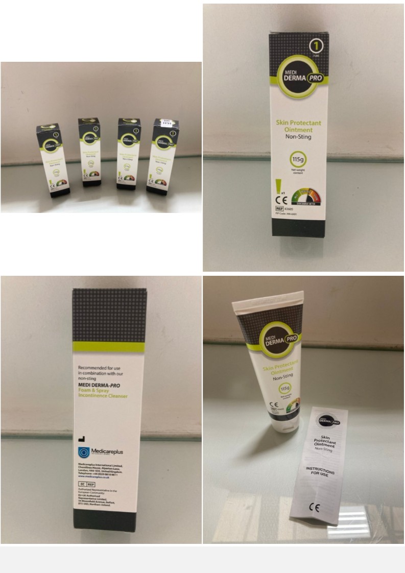 Lot 1191  
            Marchington SR10 - Parcel Delivery Only 

                
4 X BOTTLES OF MEDI DERMA PRO SKIN PROTECTANT NON-STING OINTMENT - EXP. DATE 25/0...