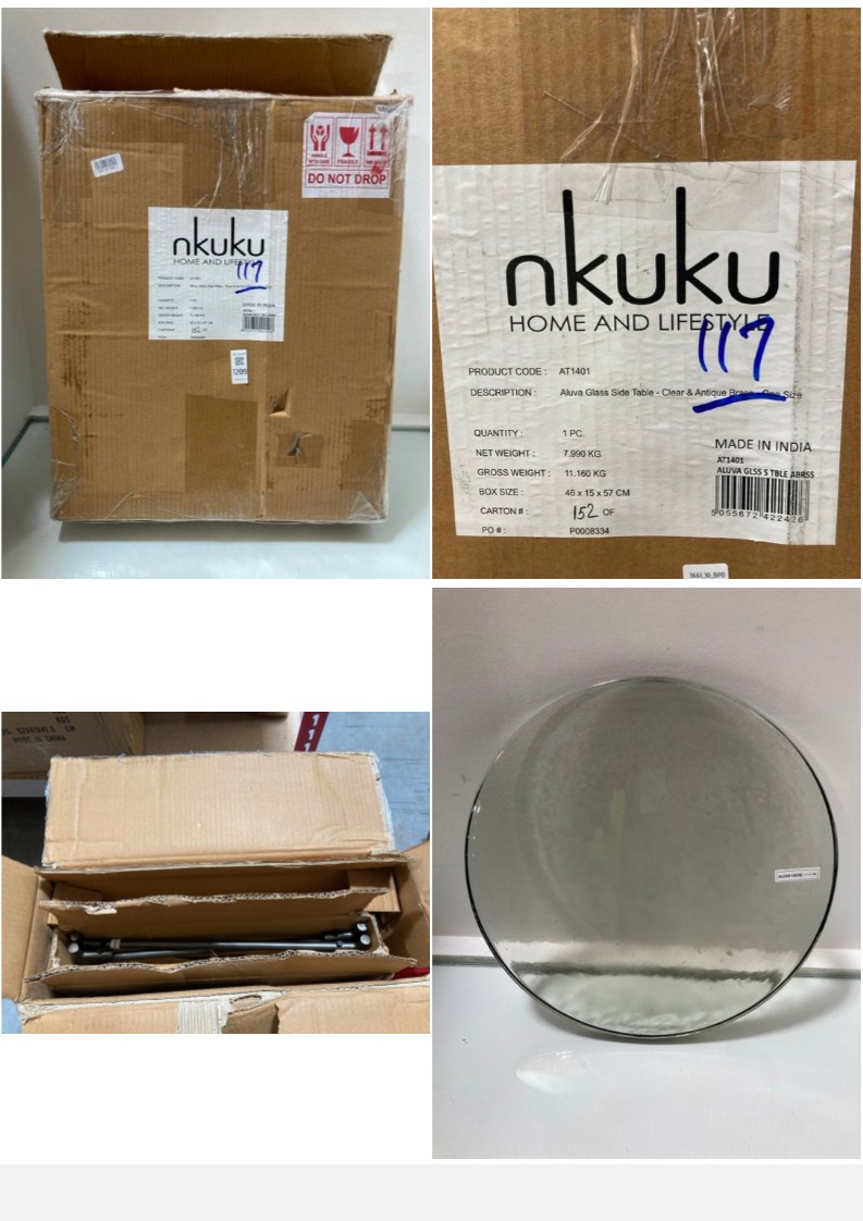 Lot 1209  
            Marchington SR10 - Parcel Delivery Only 

                
NKUKU ALUVA GLASS SIDE TABLE IN CLEAR & ANTIQUE BRASS ORIGINAL RRP: £200: LOCATIO...