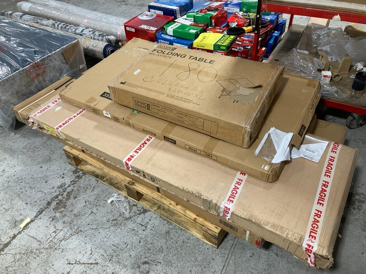 Lot 304  
            Marchington SR17 - Delivery or Collection 

                
PALLET OF ASSORTED FURNITURE ITEMS TO INCLUDE HOME LIVING FOLDING TABLE IN BLACK:...