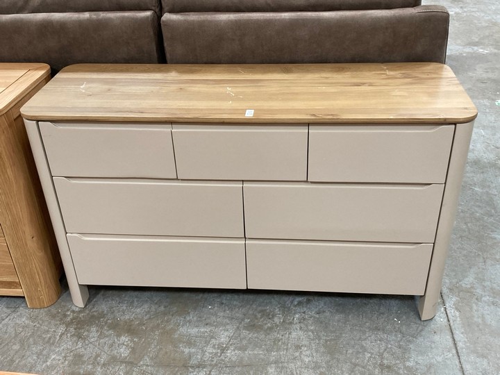Lot 120  
            Marchington SR10 - Delivery or Collection 

                
OAK FURNITURELAND OTTO SMOKED OAK FINISH AND CASHMERE PAINTED 7 DRAWER CHEST - OR...
