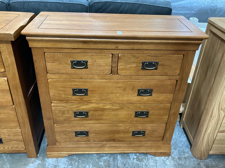 Lot 141  
            Marchington SR10 - Delivery or Collection 

                
OAK FURNITURELAND FRENCH FARMHOUSE RUSTIC SOLID OAK 3+2 DRAWER CHEST - ORIGINAL R...