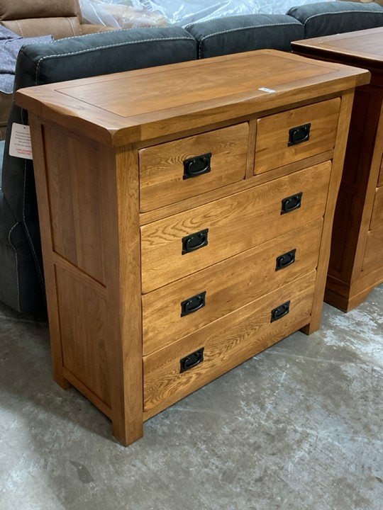 Lot 142  
            Marchington SR10 - Delivery or Collection 

                
OAK FURNITURELAND ORIGINAL RUSTIC SOLID OAK 3+2 CHEST OF DRAWERS - ORIGINAL RRP £...