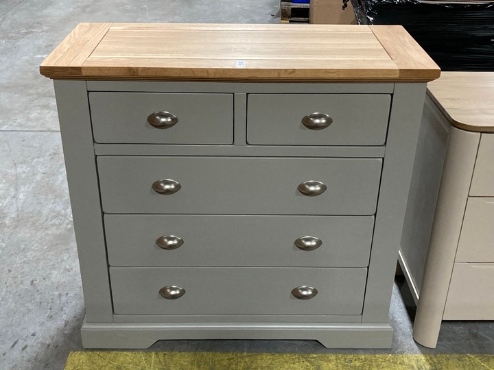 Lot 163  
            Marchington SR10 - Delivery or Collection 

                
OAK FURNITURELAND ST IVES NATURAL OAK AND LIGHT GREY PAINTED 2+3 DRAWER CHEST - O...