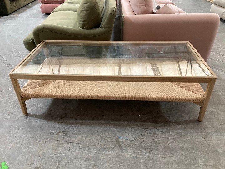 Lot 177  
            Marchington SR10 - Delivery or Collection 

                
LOAF.COM KEEPSAKE COFFEE TABLE IN LIGHT OAK AND NATURAL ROPE WITH CLEAR GLASS TOP...