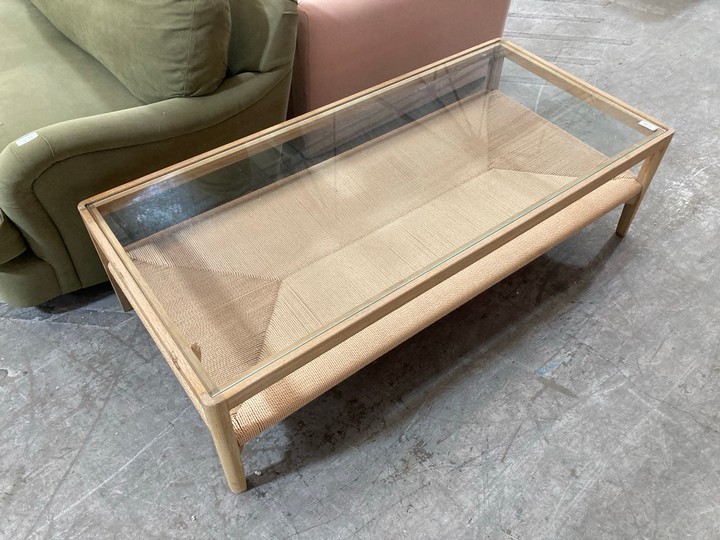 Lot 177  
            Marchington SR10 - Delivery or Collection 

                
LOAF.COM KEEPSAKE COFFEE TABLE IN LIGHT OAK AND NATURAL ROPE WITH CLEAR GLASS TOP... - Image 2