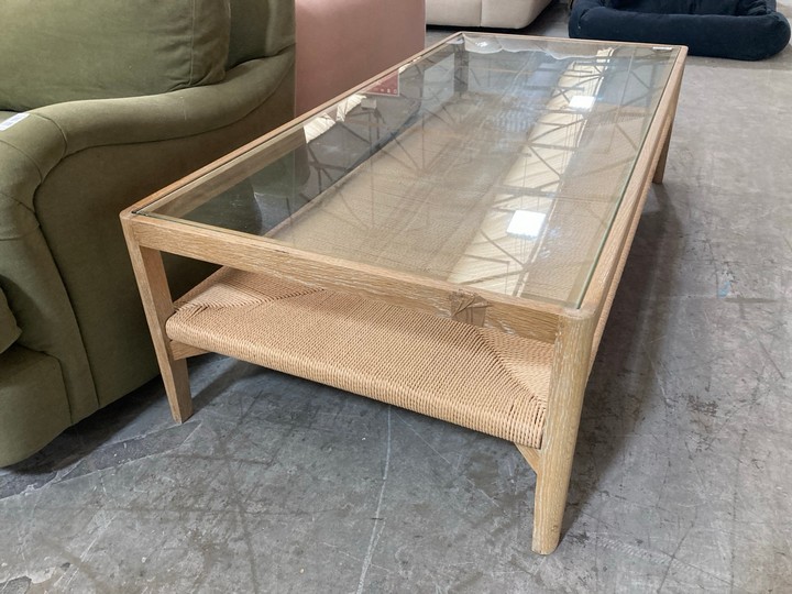 Lot 177  
            Marchington SR10 - Delivery or Collection 

                
LOAF.COM KEEPSAKE COFFEE TABLE IN LIGHT OAK AND NATURAL ROPE WITH CLEAR GLASS TOP... - Image 3