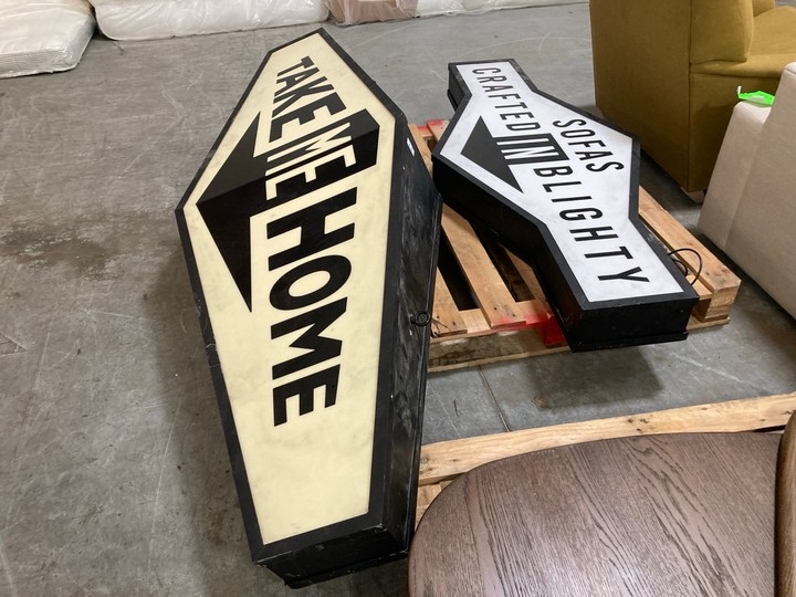 Lot 182  
            Marchington SR10 - Delivery or Collection 

                
2 X ASSORTED LARGE VINTAGE STYLE SHOP SIGNAGE ITEMS TO INCLUDE 'TAKE ME HOME' LAR...