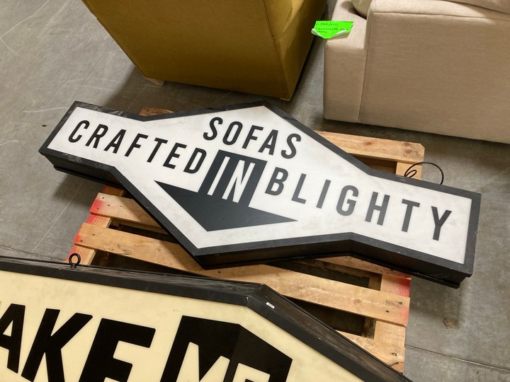 Lot 182  
            Marchington SR10 - Delivery or Collection 

                
2 X ASSORTED LARGE VINTAGE STYLE SHOP SIGNAGE ITEMS TO INCLUDE 'TAKE ME HOME' LAR...