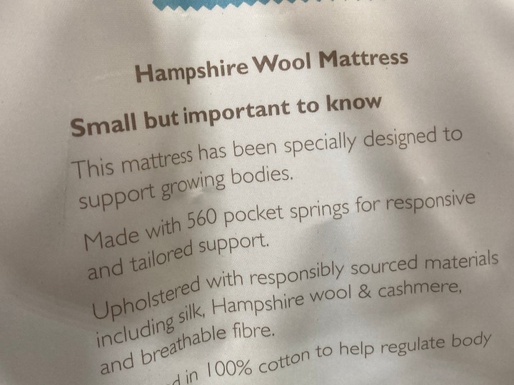 Lot 247  
            Marchington SR10 - Delivery or Collection 

                
LITTLE HOME HAMPSHIRE WOOL 90 X 190CM MATTRESS ORIGINAL RRP: £298: LOCATION - A7