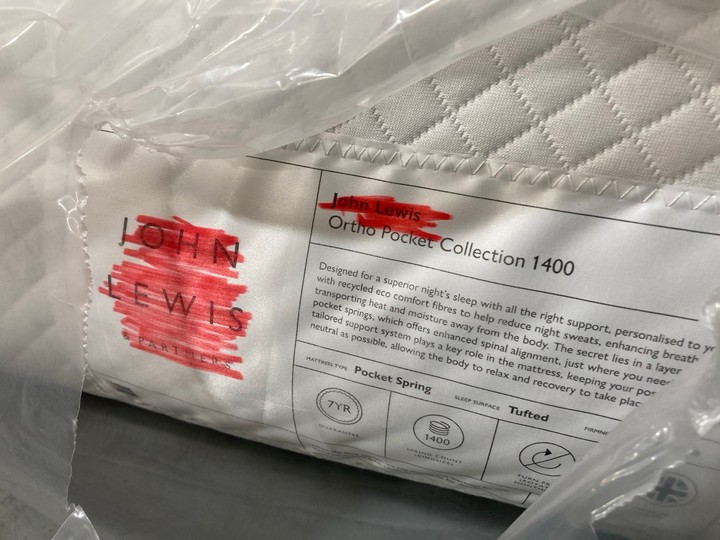 Lot 248  
            Marchington SR10 - Delivery or Collection 

                
JOHN LEWIS & PARTNERS ORTHO POCKET 1400 EXTRA FIRM MATTRESS 180 X 200CM ORIGINAL ...